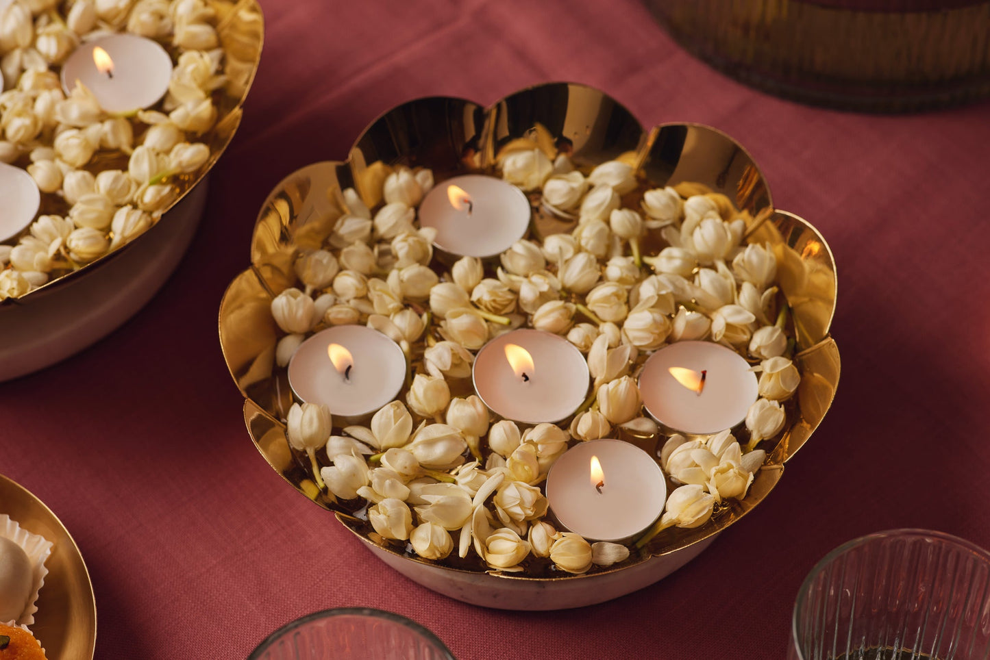 Lotus Decorative Brass Bowls, White Marble - Fleck
