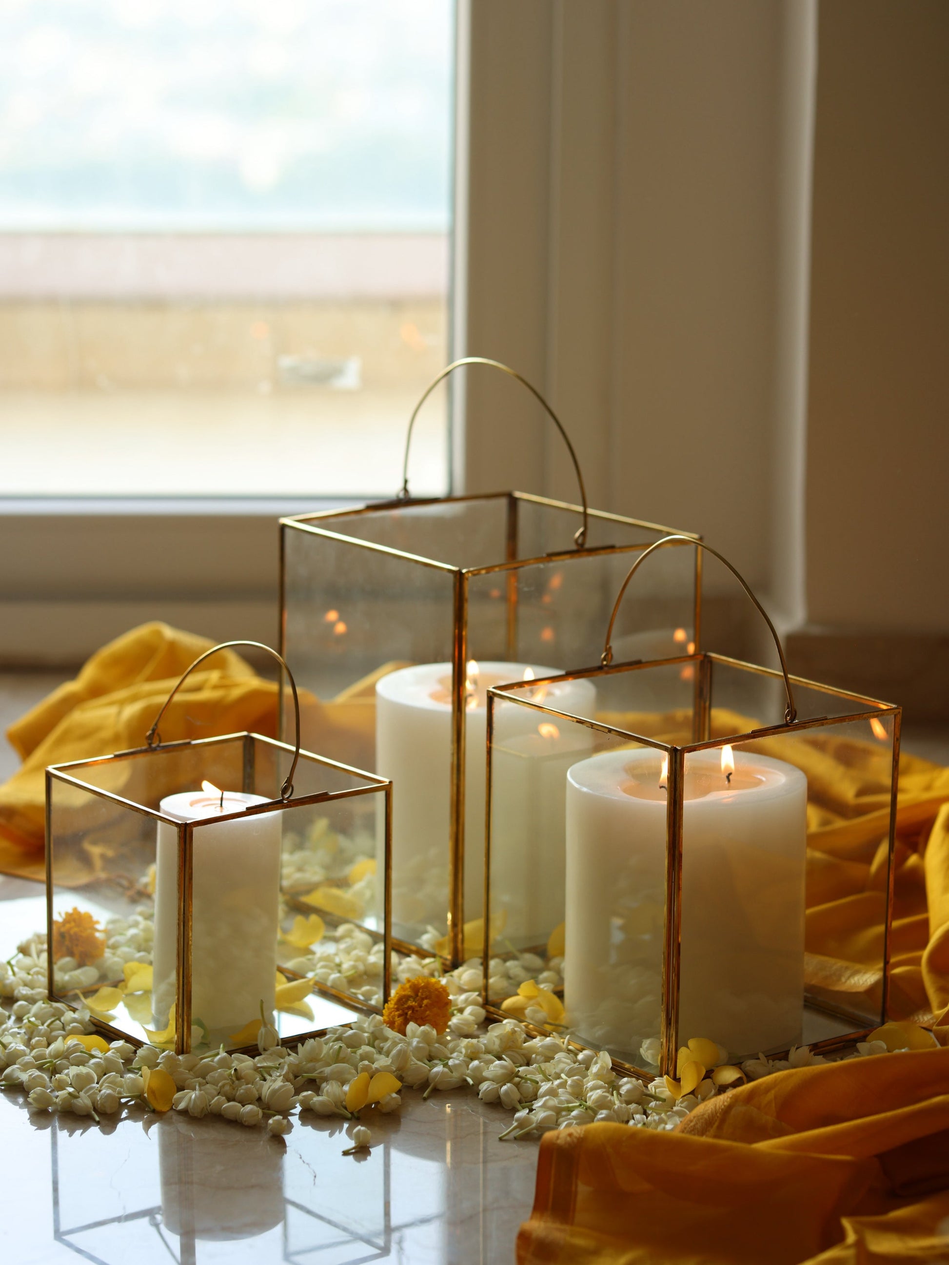 Clear Glass & Brass Lanterns with a Handle Decorated