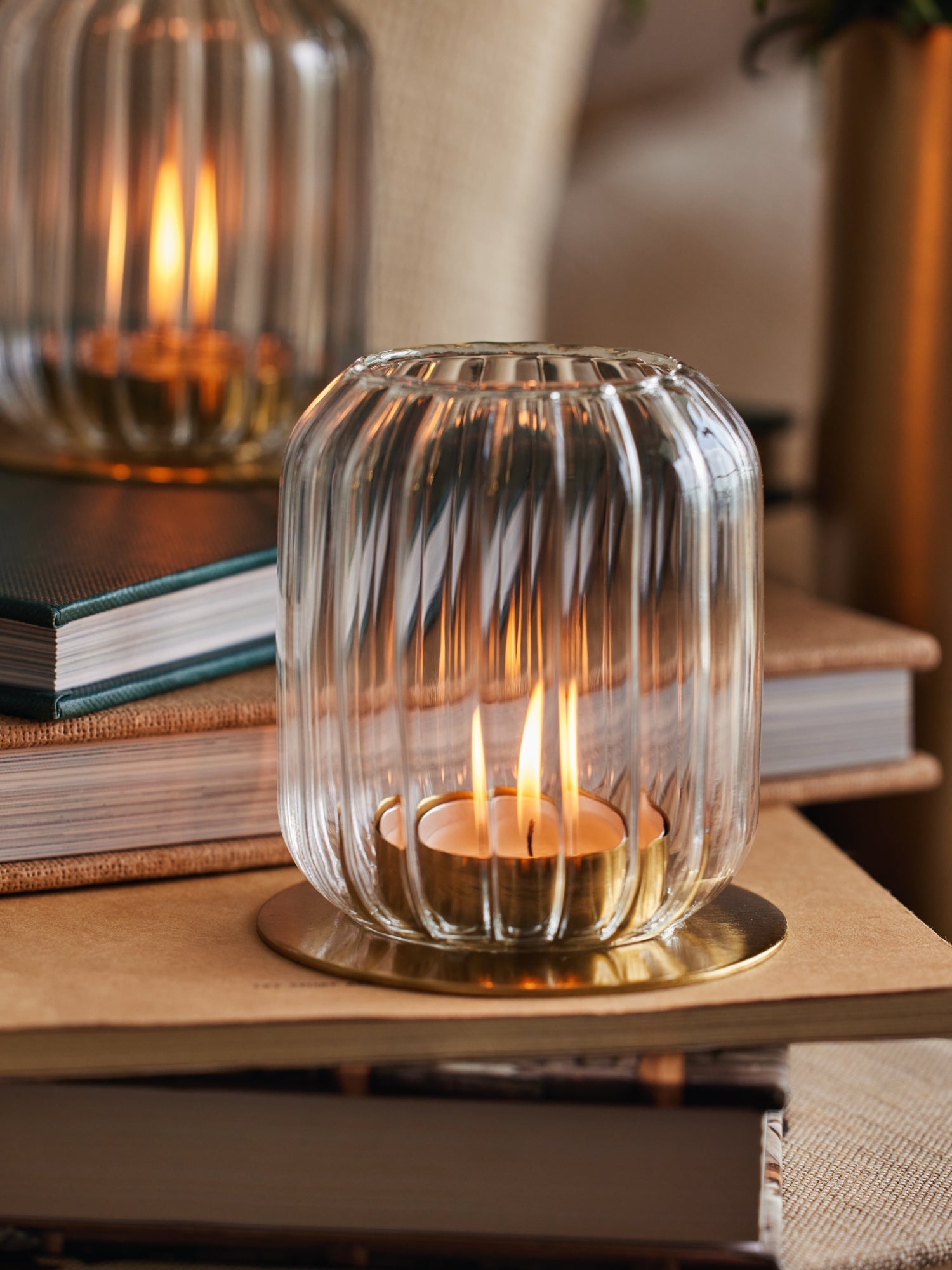 Kira glass lanterns with gold metal base